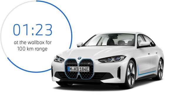 BMW i4 eDrive40 G26 2021 Dreviertel-Frontansicht mit Grafk zur Ladedauer BMW i4 eDrive40 G26 2021 Dreviertel-Frontansicht mit Grafk zur Ladedauer