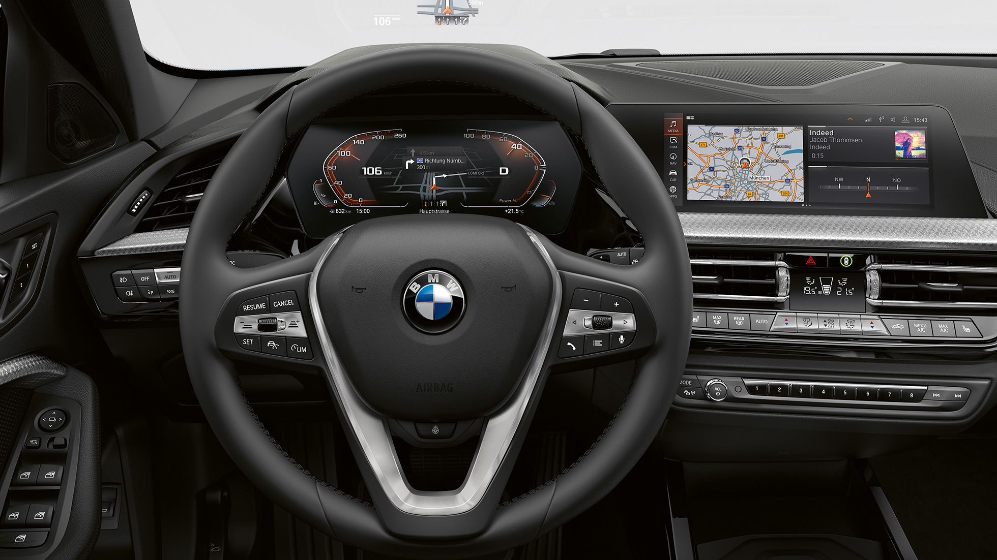 Sport-Lederlenkrad. BMW 1er Modell Luxury, Cockpit mit Sport-Lederlenkrad.