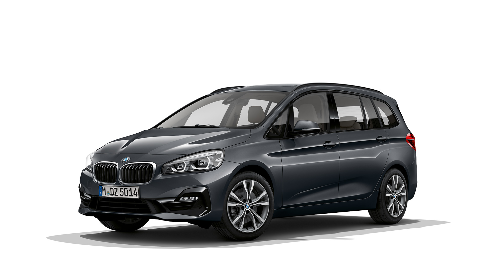 BMW Série 2 Gran Tourer 220d, Modèle Sport, F46 restylage 2018 Mineralgrau metallic, vue de trois quarts avant 
