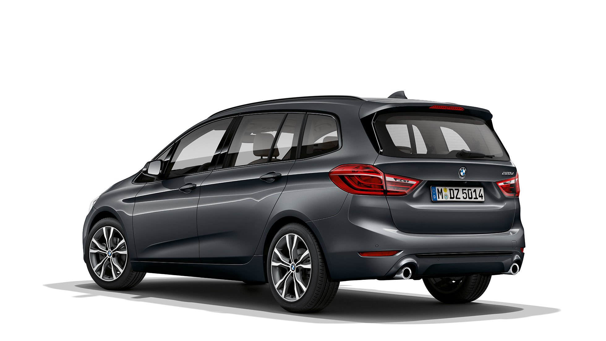 BMW Série 2 Gran Tourer 220d, Modèle Sport, F46 restylage 2018 Mineralgrau metallic, vue de trois quarts avant 