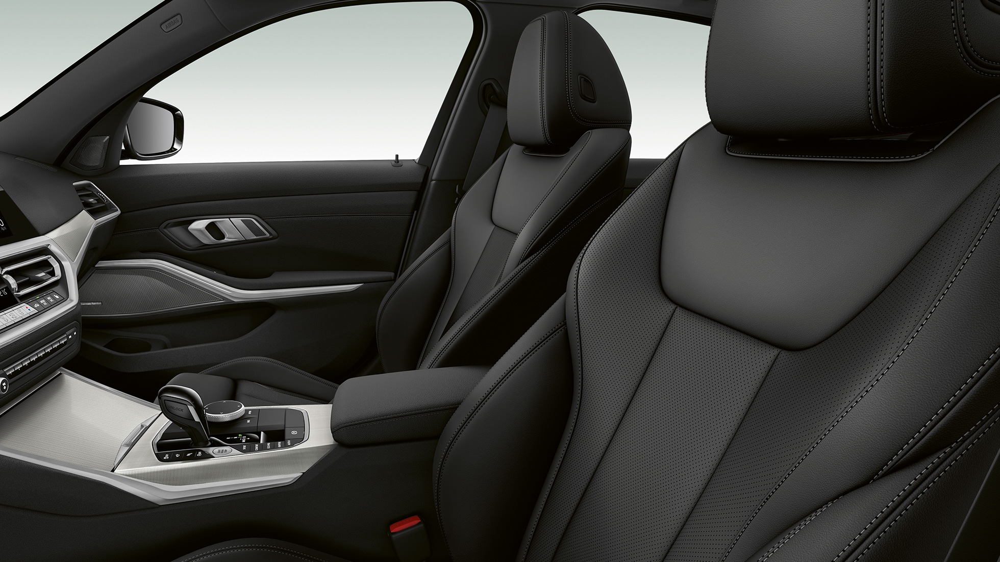 BMW Série 3 Berline, sièges avant du Modèle Sport. Gros plan latéral des sièges avant de la BMW Série 3 Berline, dotée de l’équipement du Modèle Sport.