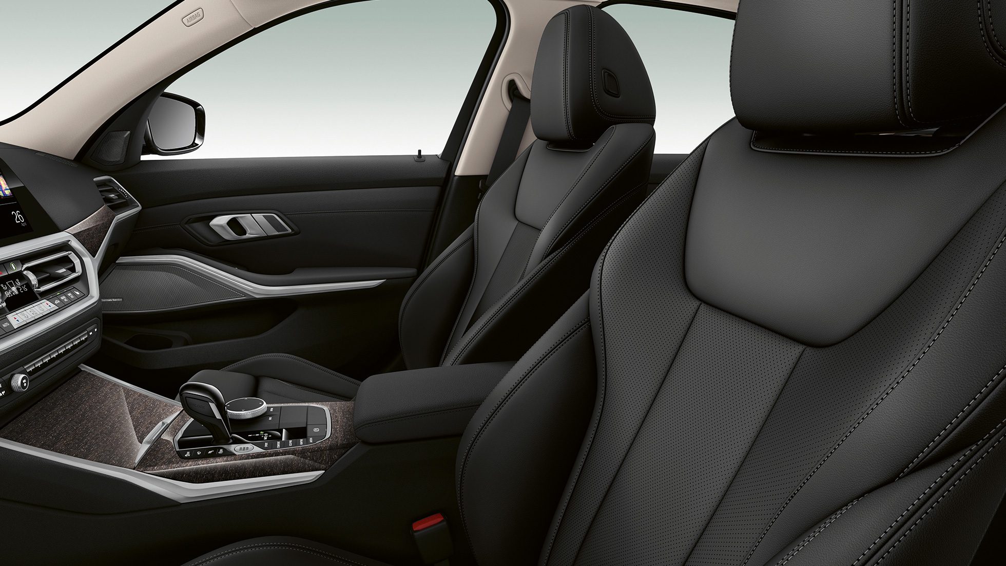 BMW Série 3 Berline, sièges avant du Modèle Luxury. Gros plan latéral des sièges avant de la BMW Série 3 Berline, dotée de l’équipement du Modèle Luxury.