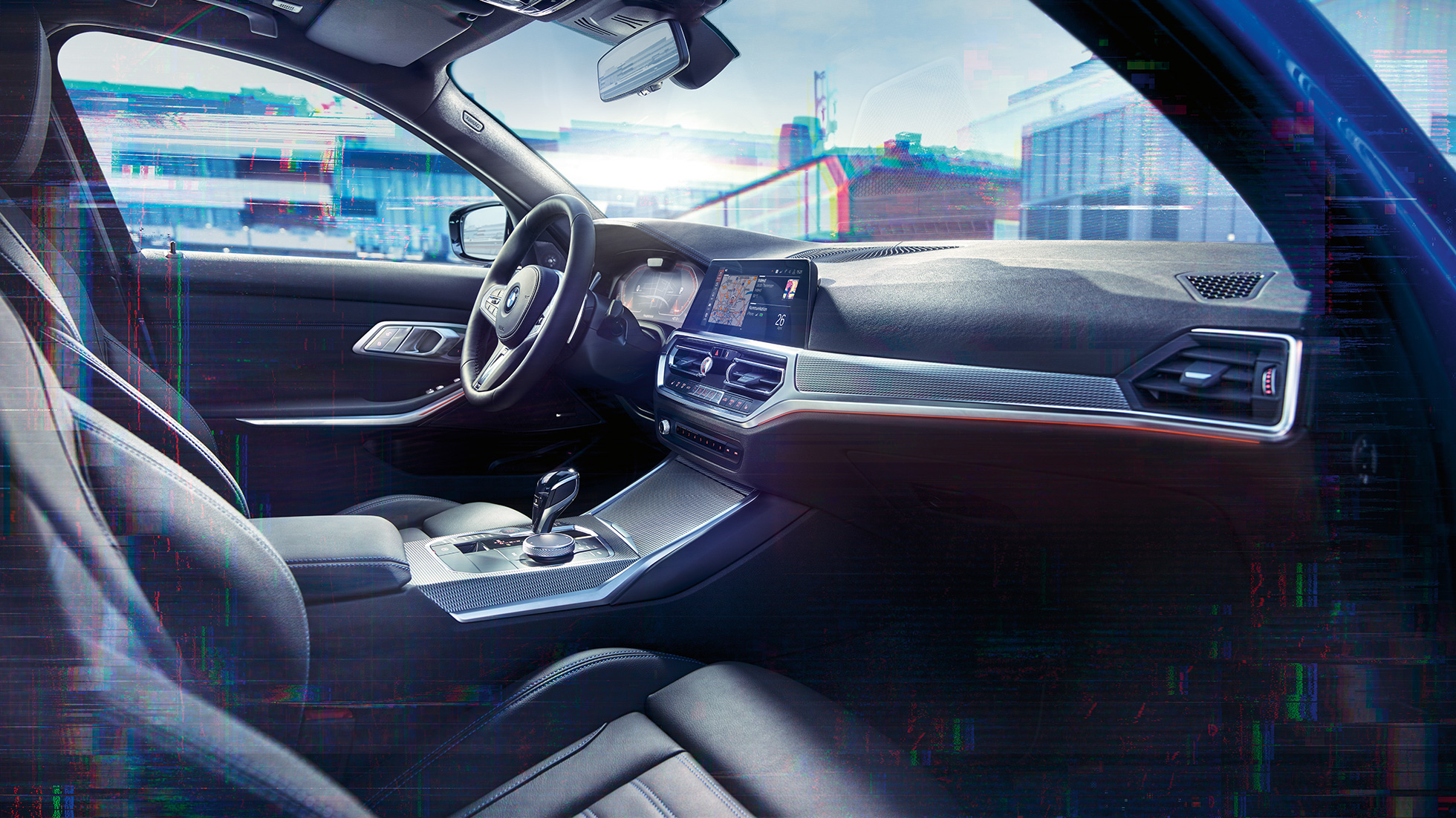 BMW Série 3 Berline, BMW Live Cockpit Professional G20. Gros plan de l’habitacle de la BMW Série 3 Berline avec BMW Live Cockpit Professional G20.