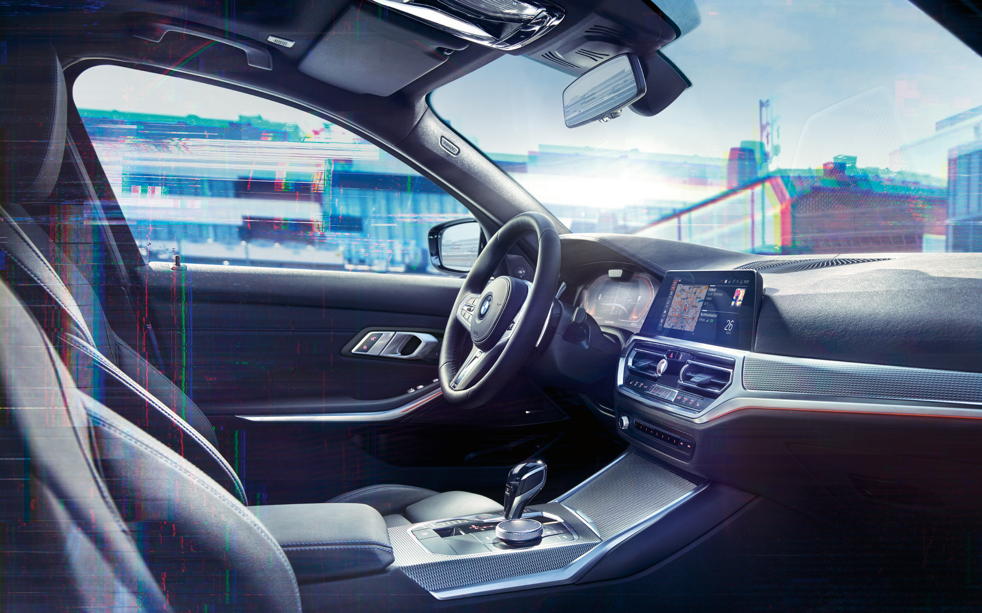 BMW Série 3 Berline (G20), BMW Live Cockpit Professional. Gros plan de l’habitacle de la BMW Série 3 Berline (G20) avec BMW Live Cockpit Professional.
