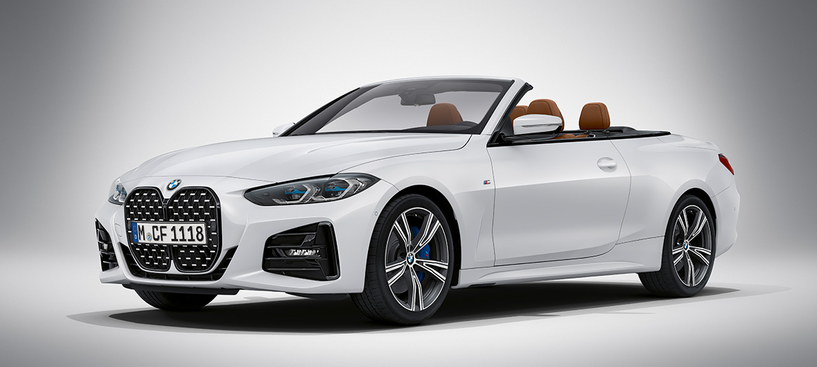 BMW Individual Brillantweiß metallic BMW Série 4 Cabrio G23 2020 Vue de trois quarts avant à l'arrêt de la BMW Série 4 Cabrio Individual Brillantweiß metallic G23 2020