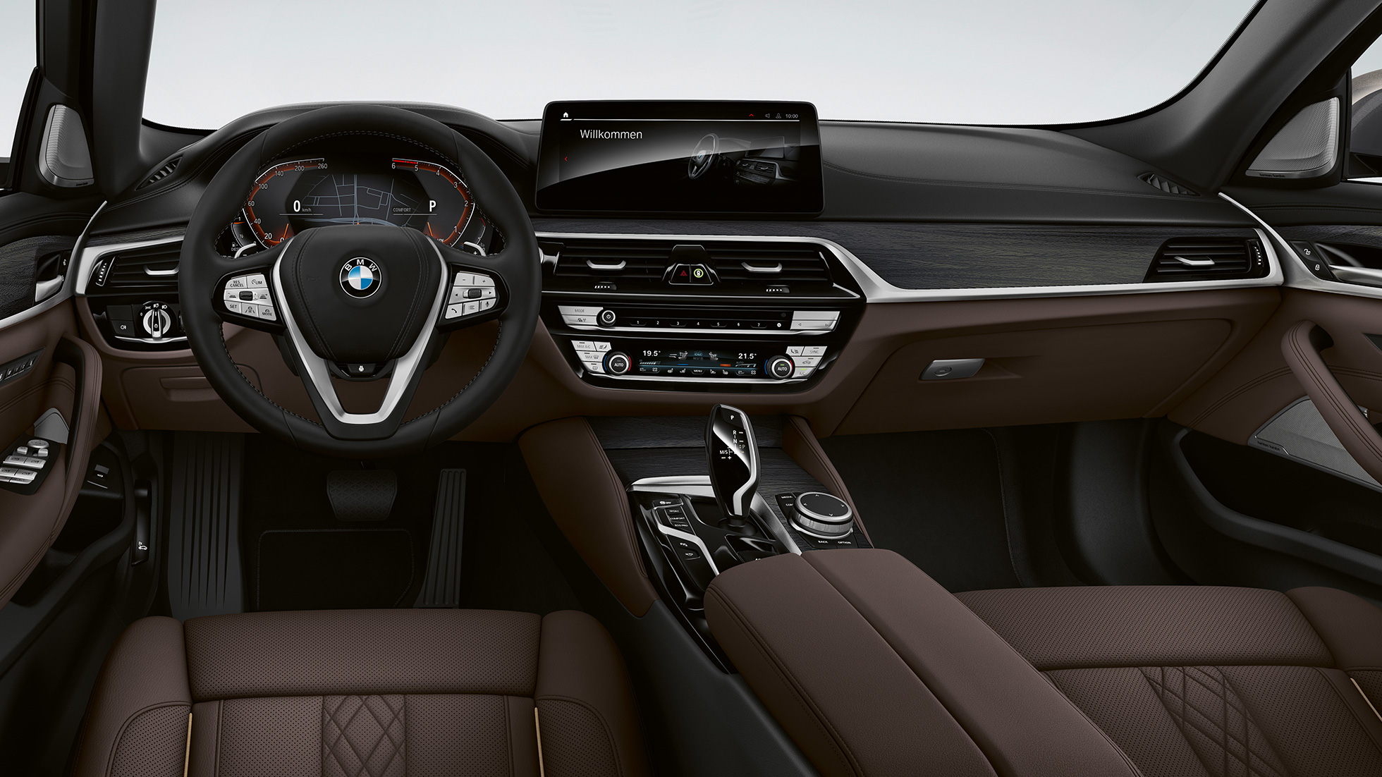 Cockpit BMW 5er Limousine G30 Luxury Line Cockpit BMW 5er Limousine 520d xDrive G30 2020 Luxury Line Exklusivleder 'Nappa' Mokka Exklusivnaht mit Keder in Kontrast Innenraum