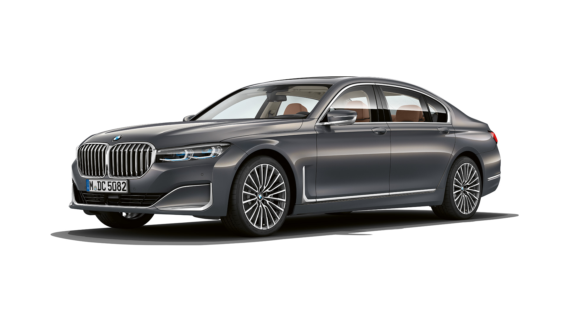Vue de trois quarts avant d’une BMW Série 7 Berline en design extérieur Pure Excellence G11 Vue de trois quarts avant d’une BMW Série 7 Berline grise en design extérieur Pure Excellence G11