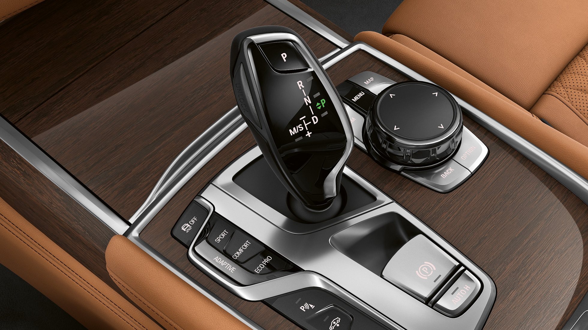 BMW Série 7 Berline en design extérieur Pure Excellence, levier de changement de vitesse G11 BMW Série 7 Berline en design extérieur Pure Excellence : vue en gros plan du levier de changement de vitesse G11