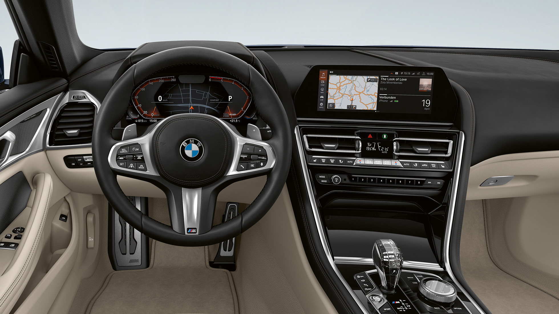 M Lederlenkrad mit Multifunktion G15. BMW 8er Coupé, Cockpit, M Lederlenkrad mit Multifunktion G15.