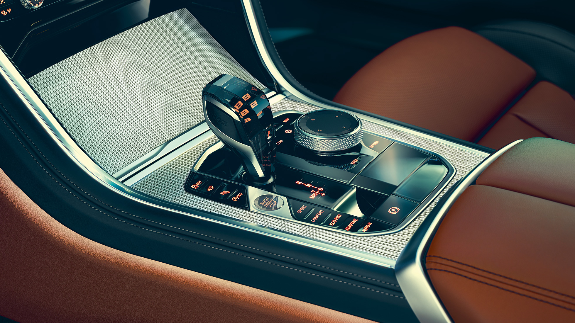 BMW 8er Coupé, Interieur G15. BMW 8er Coupé, Interieur, Nahaufnahme des Gangwahlschalters G15.