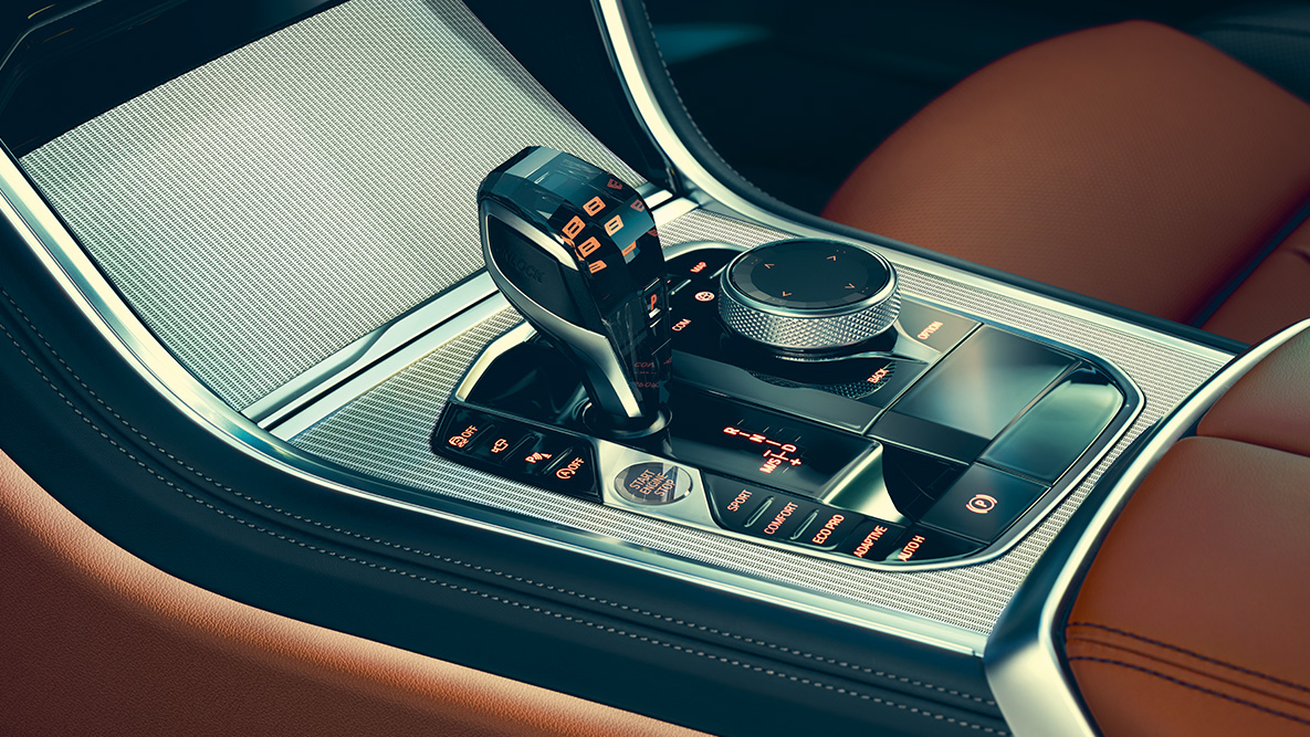 BMW 8er Coupé, Mittelkonsole. Nahaufnahme des BMW 8er Coupé Innenraums mit Fokus auf die Mittelkonsole.