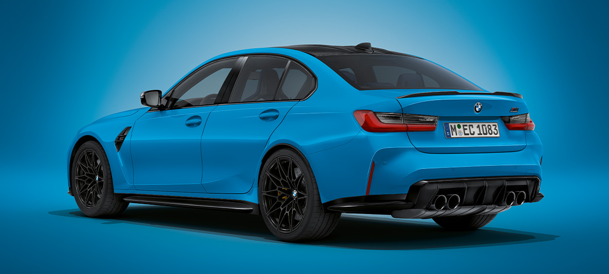 BMW M3 Berline BMW Individual Mexikoblau metallic G80 2021 vue de trois quarts arrière à l’arrêt BMW M3 Berline BMW Individual Mexikoblau metallic G80 2021 vue de trois quarts arrière à l’arrêt