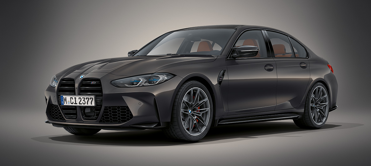 BMW Individual Dravitgrau metallic BMW M3 Berline G80 2020 BMW M3 Berline BMW Individual Dravitgrau metallic G80 2020 vue de trois quarts avant à l’arrêt