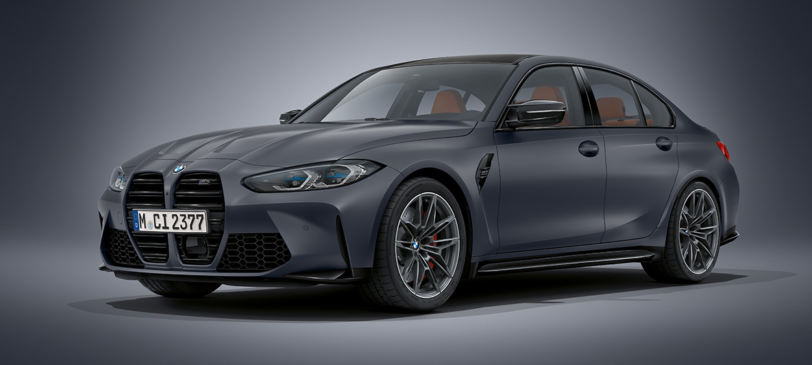 BMW Individual Frozen Dark Grey metallic BMW M3 Berline G80 2020 BMW M3 Berline BMW Individual Frozen Dark Grey metallic G80 2020 vue de trois quarts avant à l’arrêt