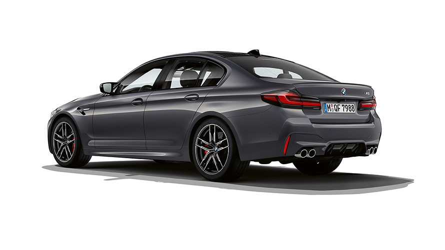 BMW M5 F90 LCI Facelift 2020 Brands Hatch Grau metallic Dreiviertel-Heckansicht