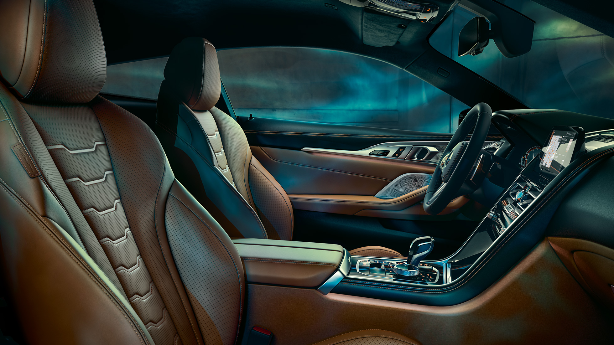 BMW M850i xDrive Coupé, Interieur. G15 BMW M850i xDrive Coupé, Interieur mit Multifunktionssitzen in BMW Individual erweiterte Lederausstattung 'Merino' Tartufo/Schwarz. G15