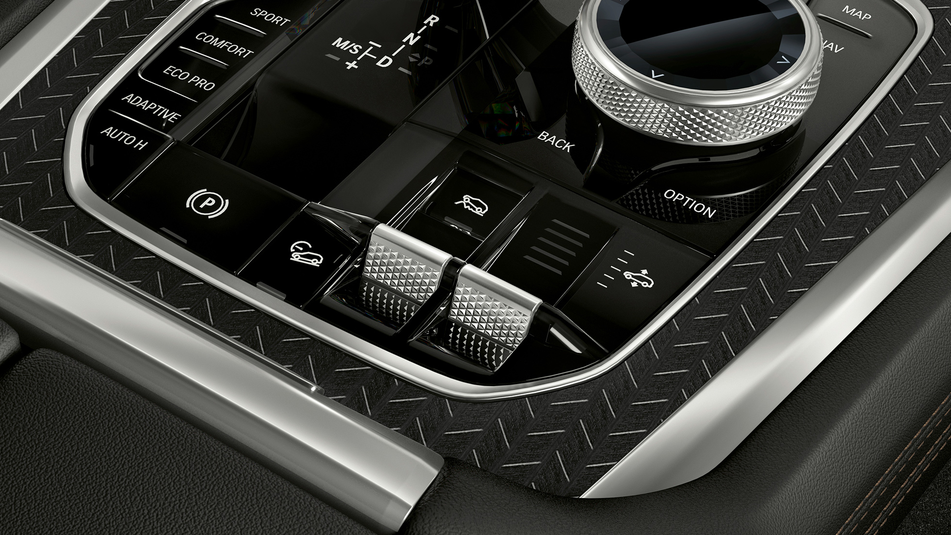 BMW X6 Mittelkonsole. G06 Nahaufnahme des BMW X6 Interieur mit Blick auf Mittelkonsole. G06