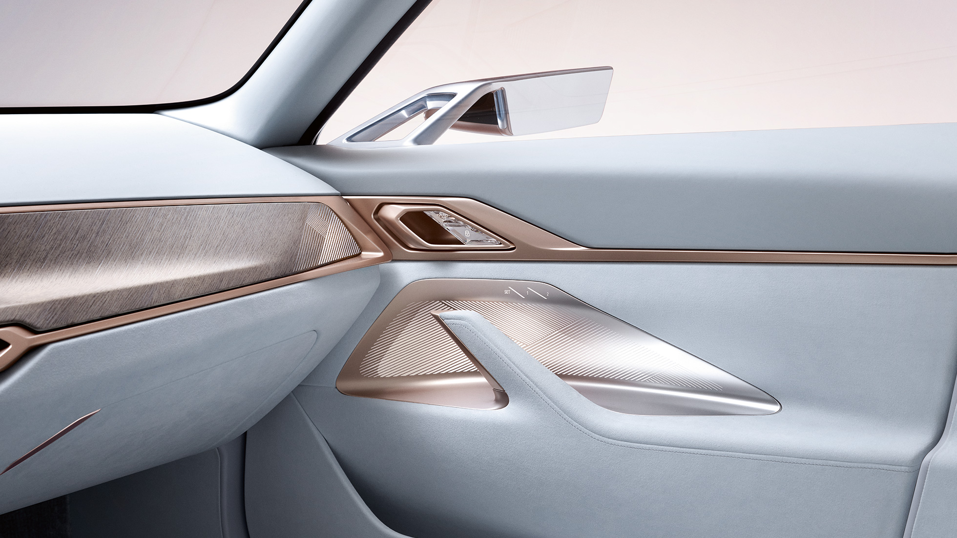 Interieur 4 BMW Concept i4 2020 G26 Interieur 4 BMW Concept i4 2020 G26 Elektroauto vollelektrisches BMW Gran Coupé Nahaufnahme Tür mit Außenspiegel