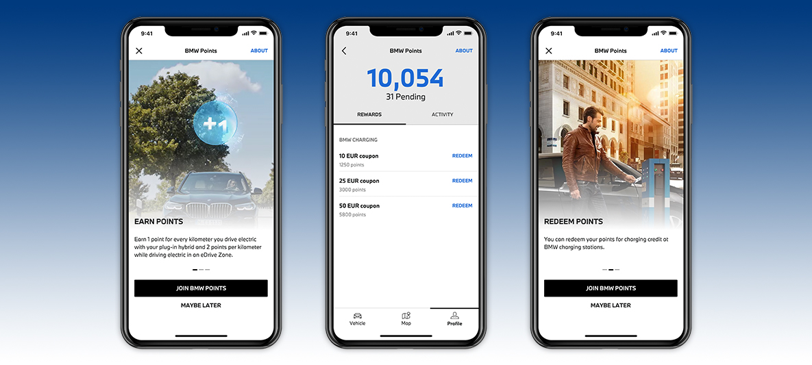 La conduite électrique et la collecte de BMW Points avec l’App My BMW, écran sur smartphone La conduite électrique et la collecte de BMW Points avec l’App My BMW, écran sur smartphone