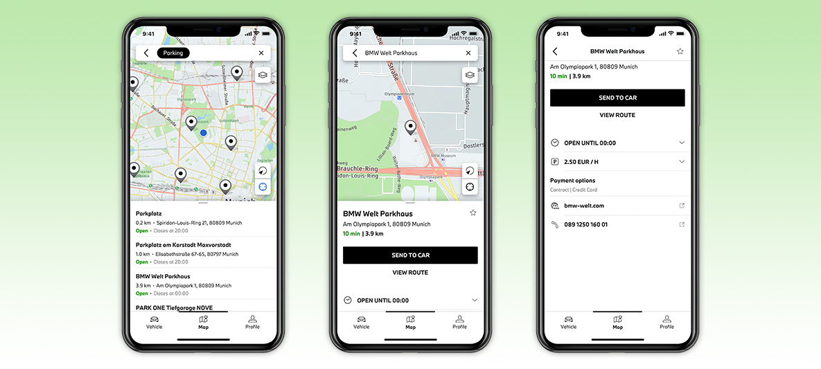 Planifier des trajets dans l’App My BMW et les envoyer au véhicule, écran sur smartphone Planifier des trajets dans l’App My BMW et les envoyer au véhicule, écran sur smartphone