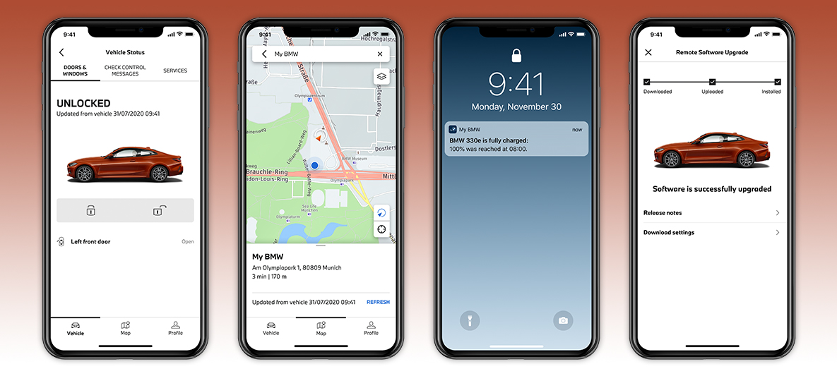 Contrôle du statut du véhicule dans l'App My BMW, écran sur smartphone Contrôle du statut du véhicule dans l'App My BMW, écran sur smartphone