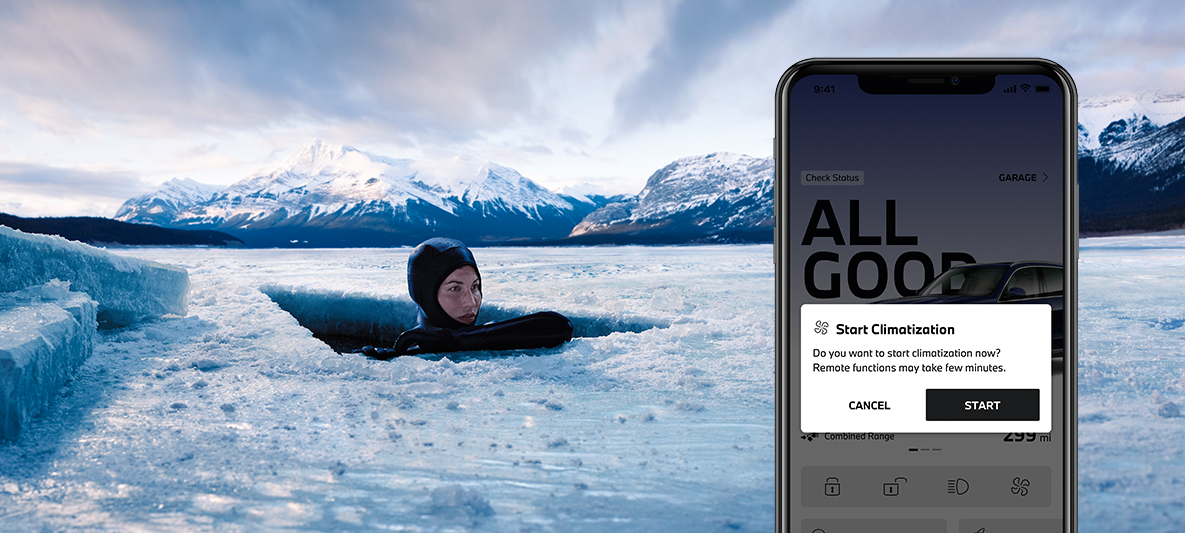 App My BMW accessible sans être à bord du véhicule, femme plonge dans la glace App My BMW accessible sans être à bord du véhicule, femme plonge dans la glace