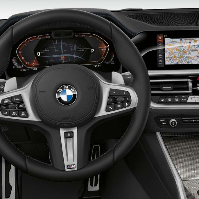 BMW 3er Limousine, Modell Sport Line Cockpit Frontale Nahaufnahme des fahrerseitigen Cockpits der BMW 3er Limousine mit der Ausstattung des Modells Sport Line.