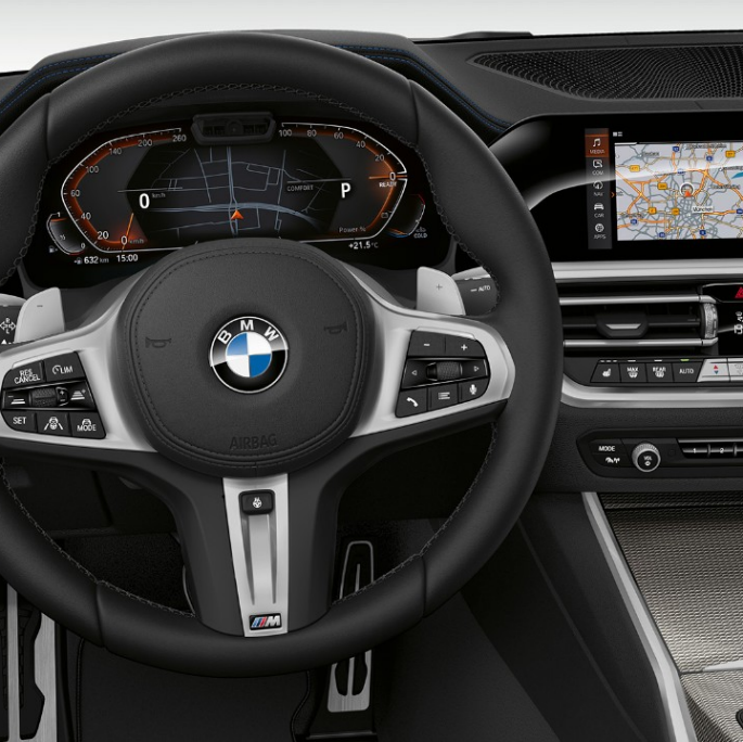 BMW 3er Limousine, Modell Sport Line Cockpit Frontale Nahaufnahme des fahrerseitigen Cockpits der BMW 3er Limousine mit der Ausstattung des Modells Sport Line.